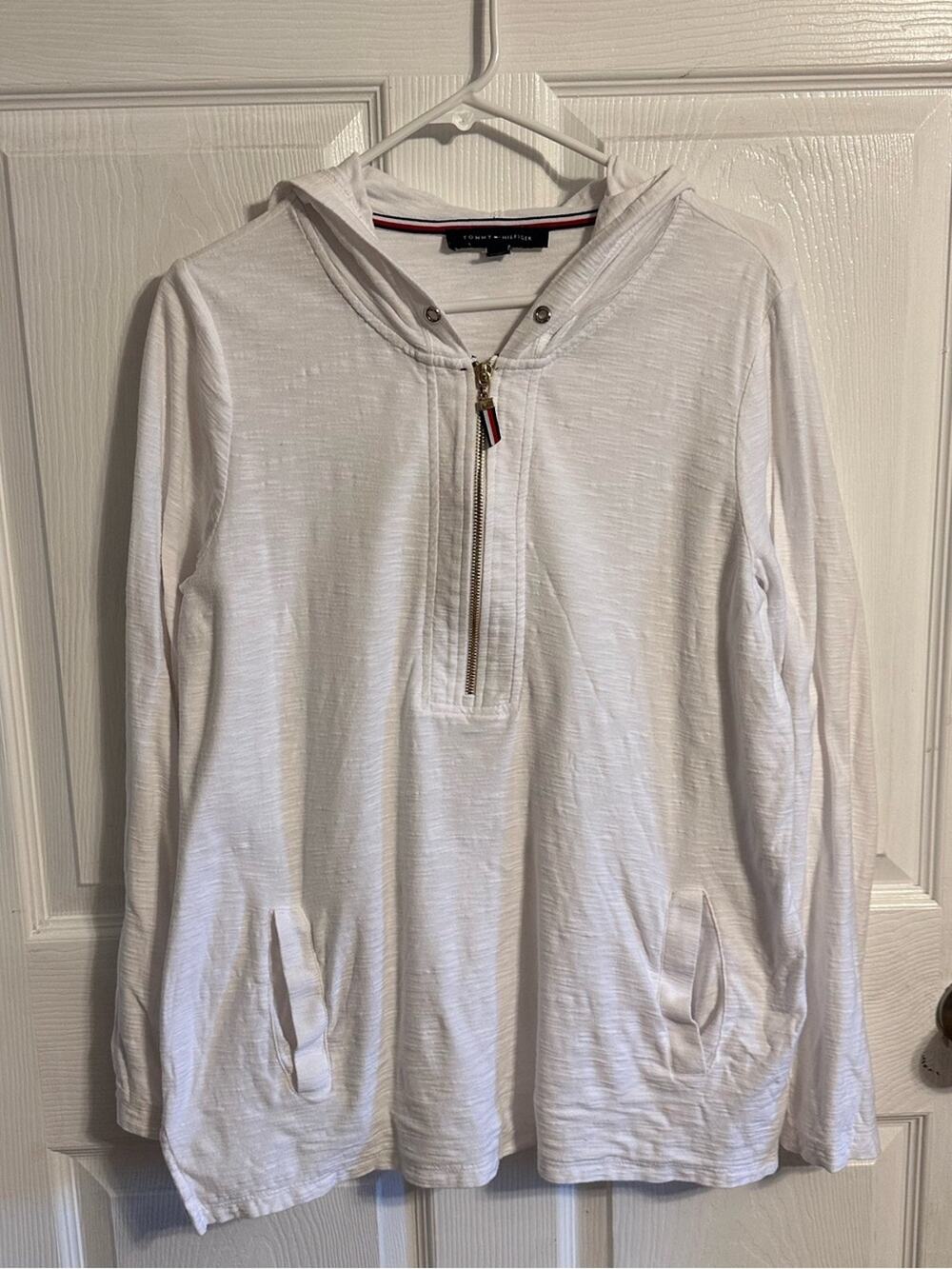 Quarter Zip Hooded Pullover with pockets transitional seasonal piece